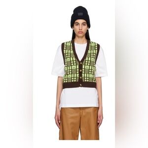 ACNE STUDIOS GREEN & BROWN FACE SLEEVELESS CARDIGAN SZ XXS